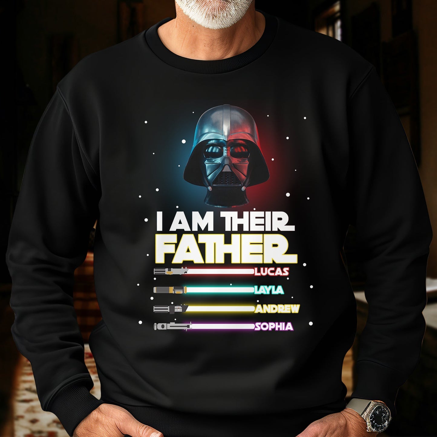 Black custom I am their father shirt with Darth Vader graphic and personalized names with lightsabers