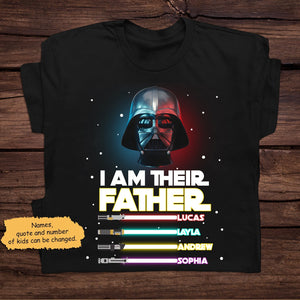 Black custom I am their father shirt with Darth Vader helmet and personalized kids names with colorful lightsabers