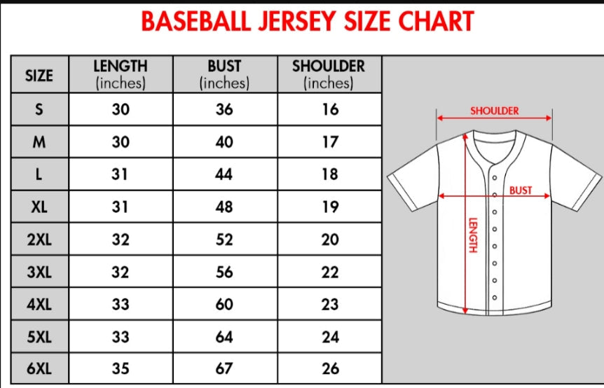 Baseball jersey size chart showing length bust and shoulder measurements from size S to 6XL for custom I Am Your Father shirt