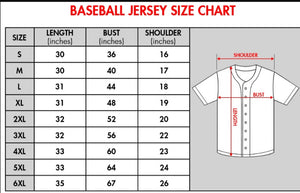 Baseball jersey size chart showing length bust and shoulder measurements from size S to 6XL for custom I Am Your Father shirt