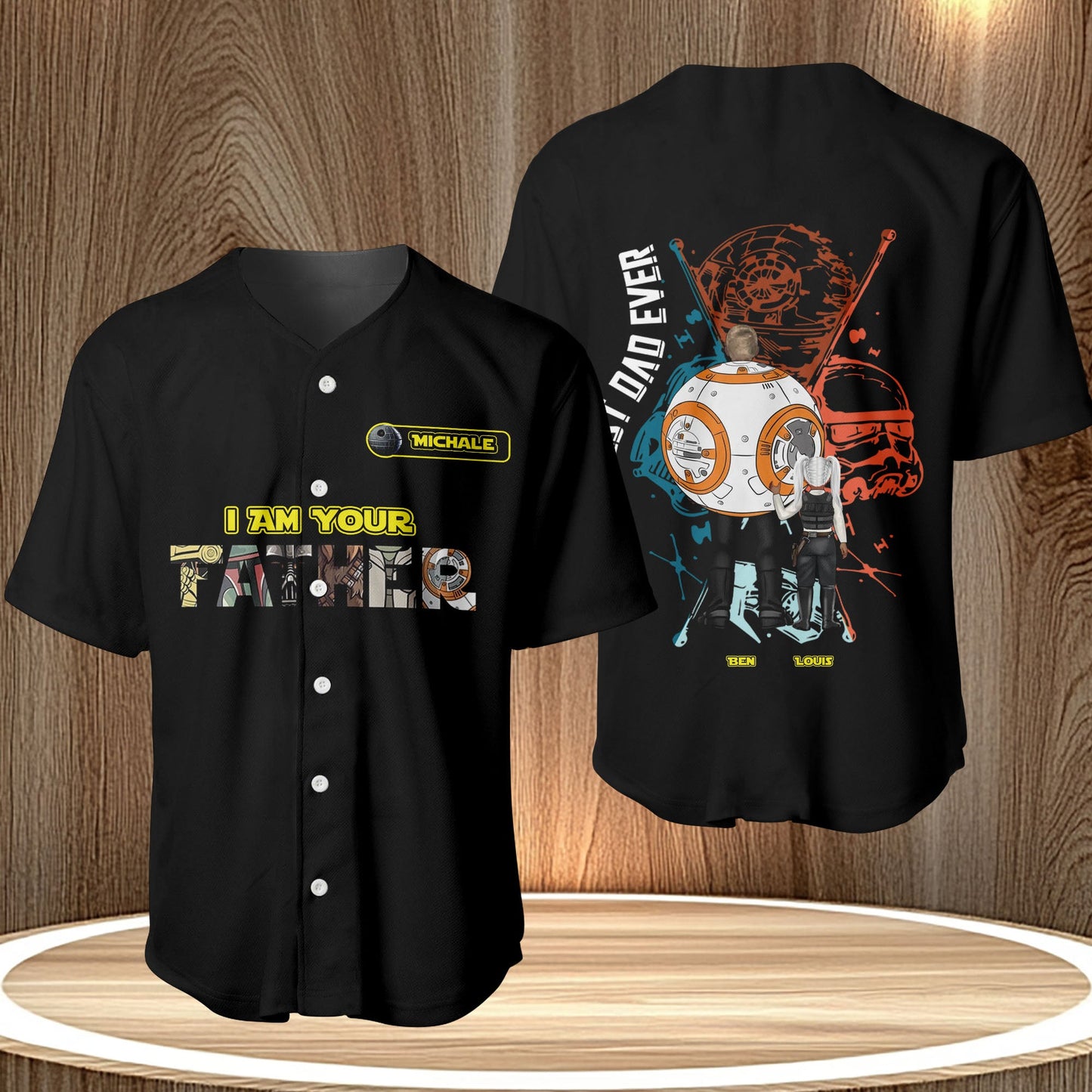 Black custom I Am Your Father shirt with yellow text and Star Wars inspired graphic on front and back