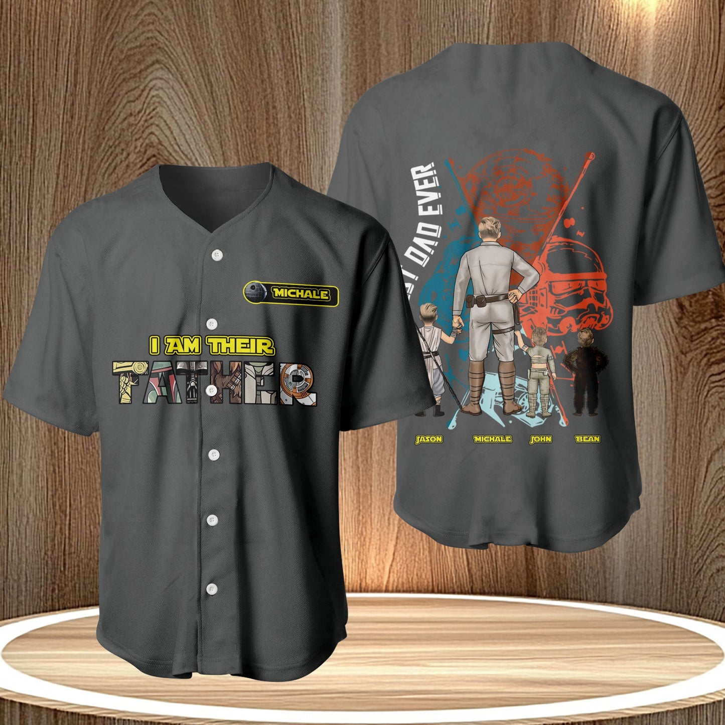 Gray custom I Am Your Father shirt with Star Wars inspired design and personalized names on front and back