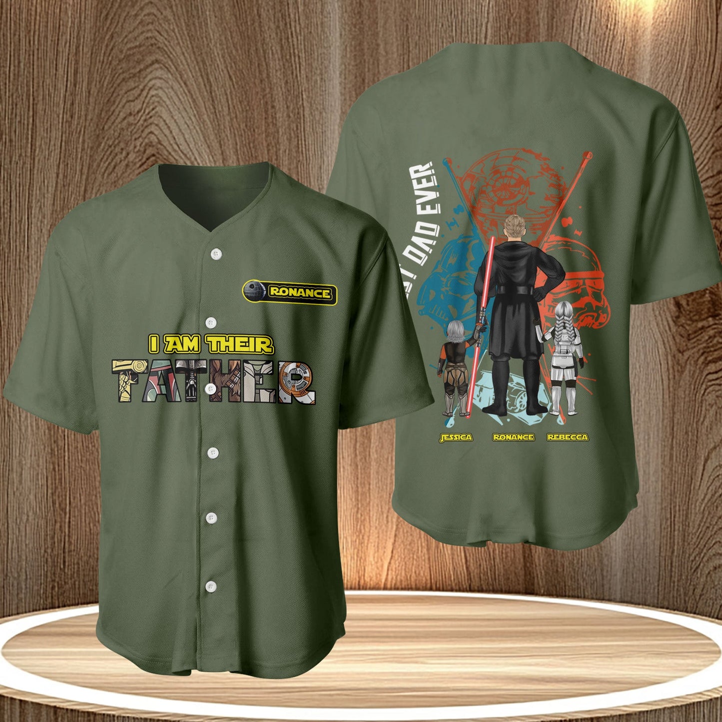 Custom I Am Your Father shirt in olive green with button-up front and Star Wars inspired graphic design