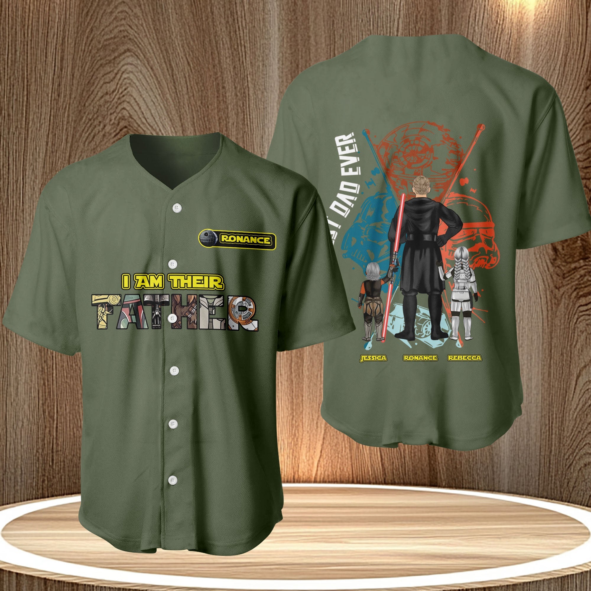 Custom I Am Your Father shirt in olive green with button-up front and Star Wars inspired graphic design