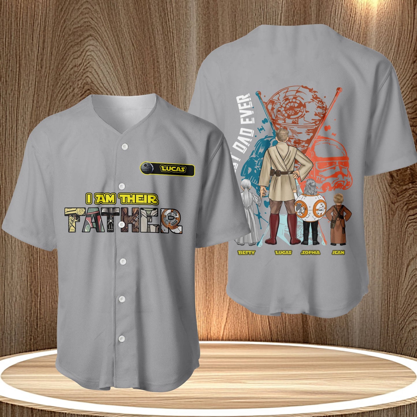 Gray custom I Am Your Father shirt with Star Wars inspired characters and personalized name Lucas