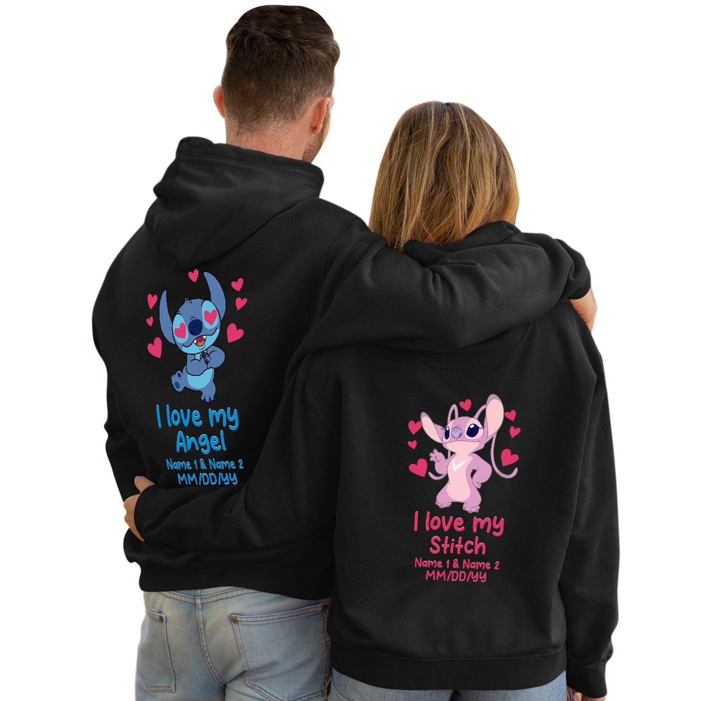 Couple wearing custom I love my angel hoodie with personalized Stitch and Angel designs and names