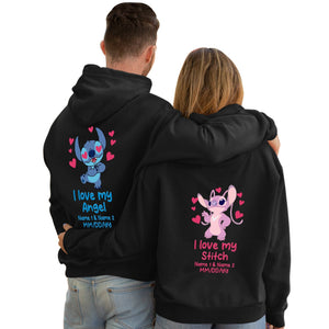 Couple wearing custom I love my angel hoodie with personalized Stitch and Angel designs and names