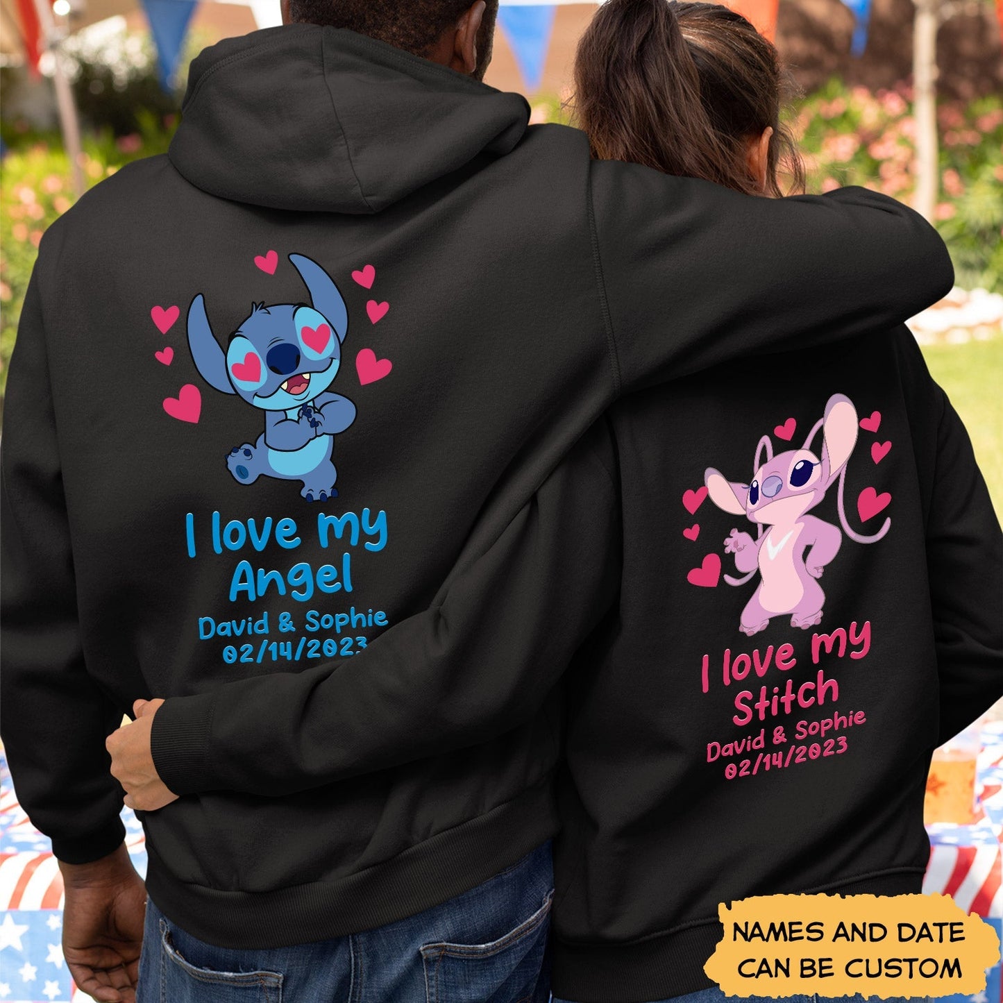 Couple wearing custom I love my angel hoodie with blue and pink cartoon characters and personalized names and date