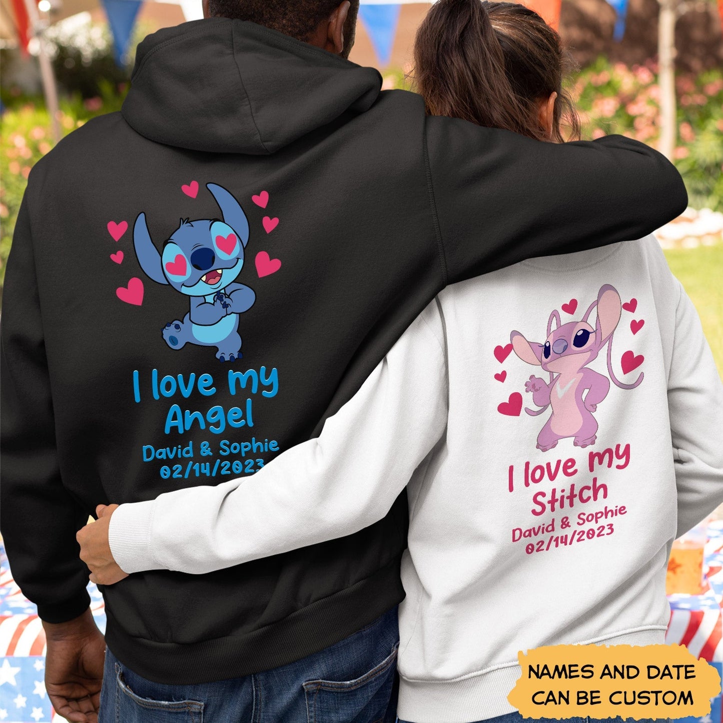 Black and white custom I love my angel hoodie with cute cartoon characters and personalized names and date