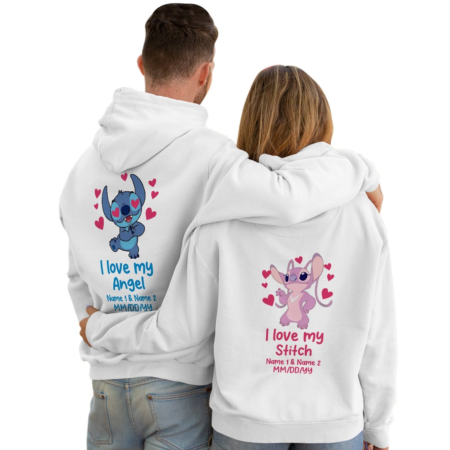 Couple wearing custom I love my angel hoodie with personalized Stitch and angel designs on white hoodies