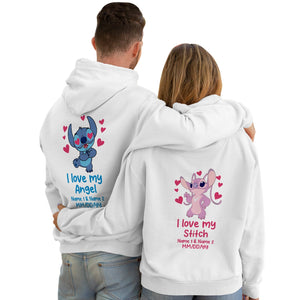 Couple wearing custom I love my angel hoodie with personalized Stitch and angel designs on white hoodies