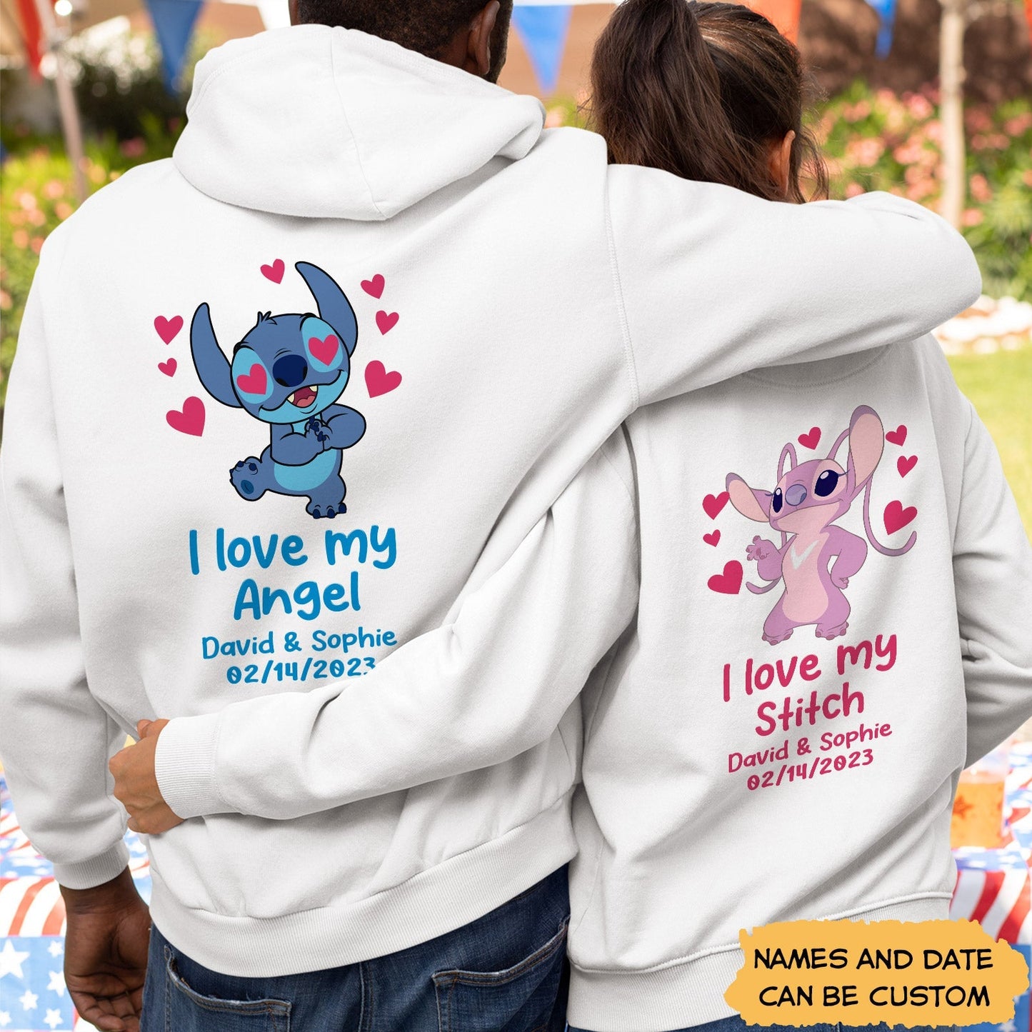 Couple wearing custom I love my angel hoodie with personalized Stitch and angel characters and names