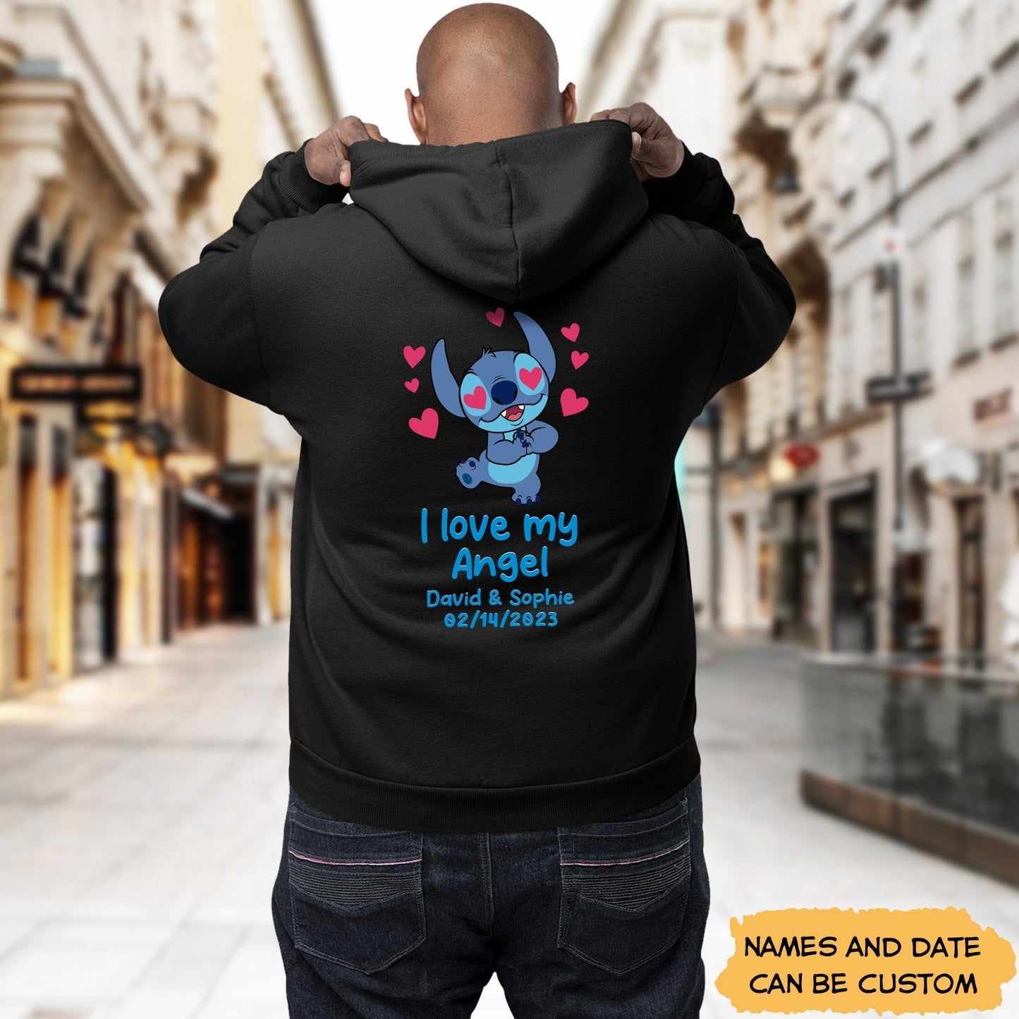 Black custom I love my angel hoodie with cute blue character and personalized names and date on back