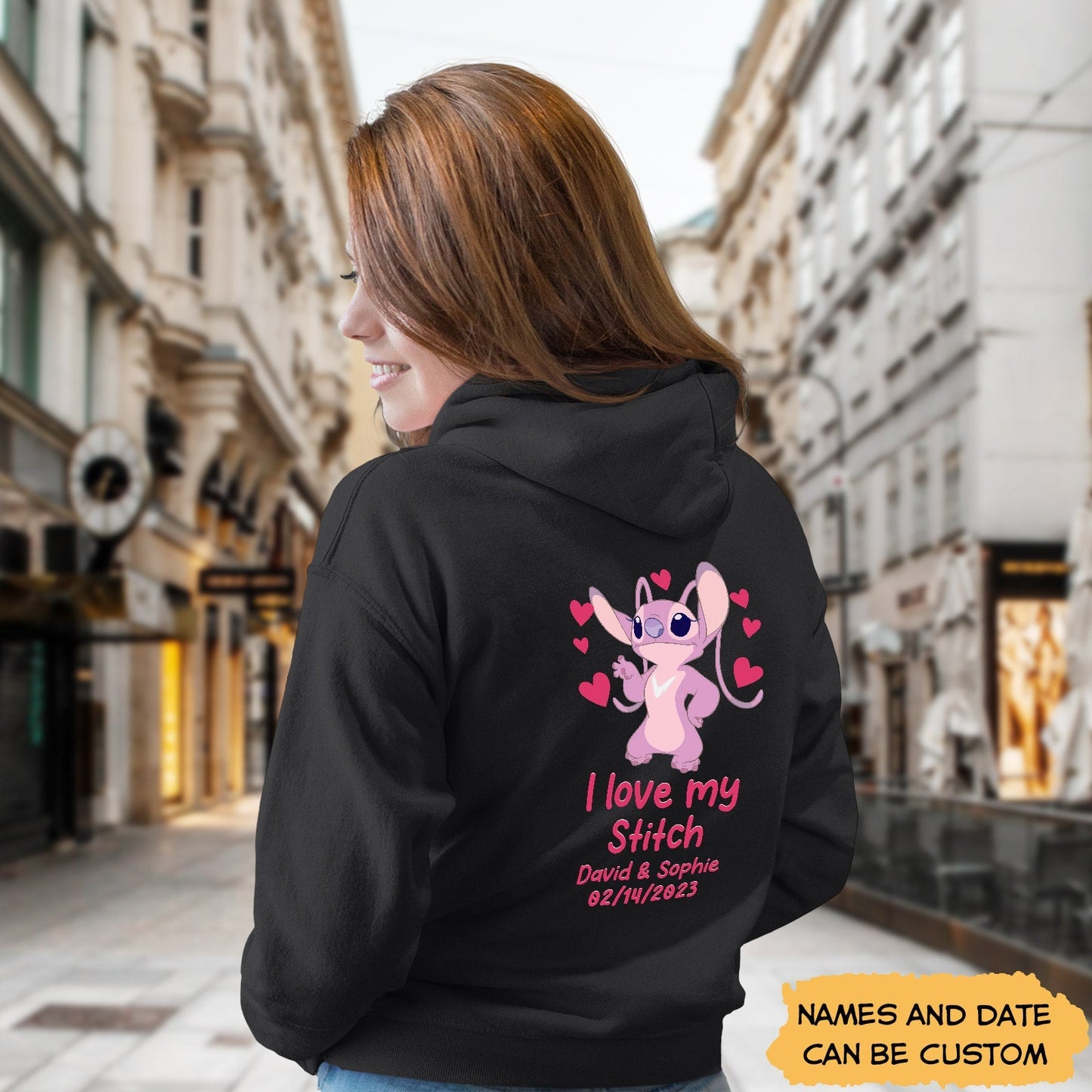 Custom I love my angel hoodie in black with pink Stitch design and customizable names and date