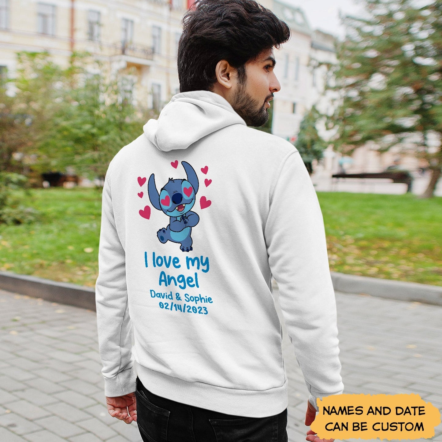 White custom I love my angel hoodie with cute blue character and personalized names and date on back