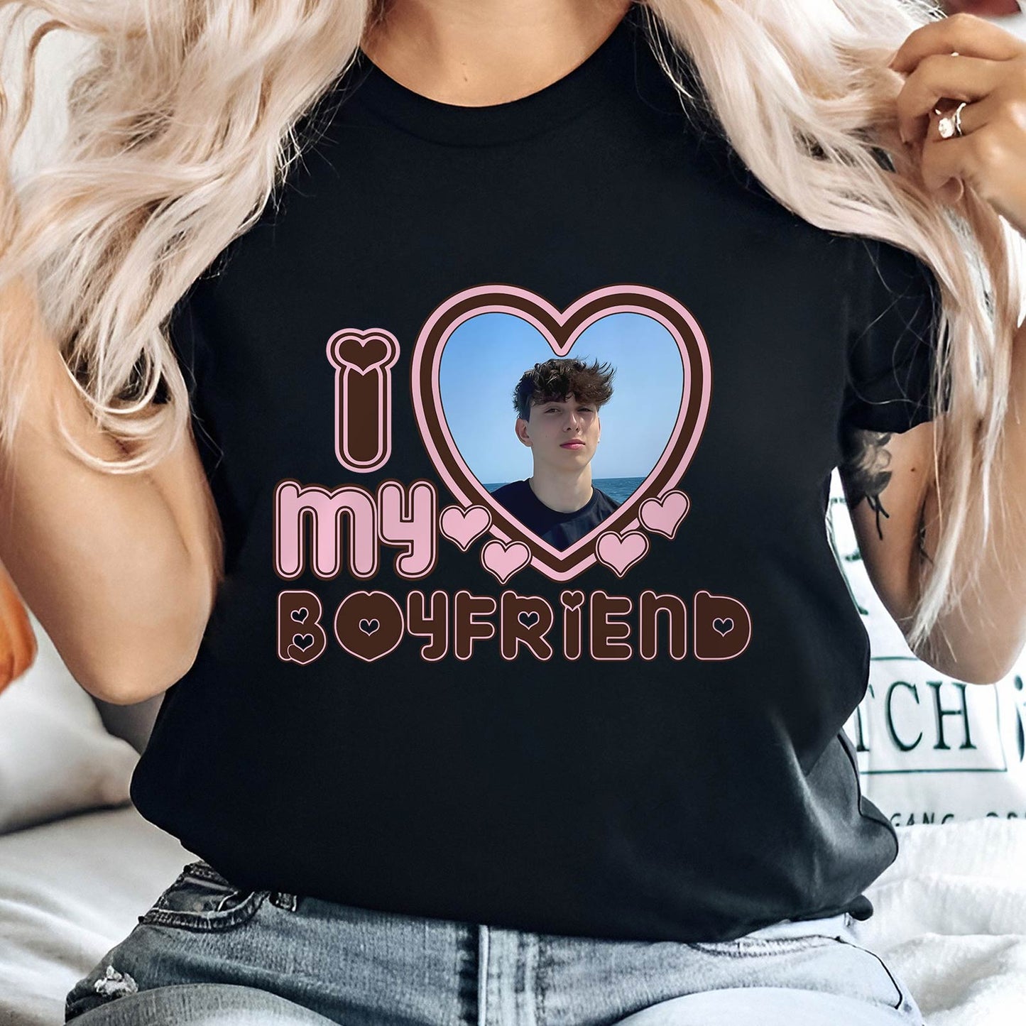 Black custom I love my boyfriend shirt with a heart-shaped photo frame and pink lettering