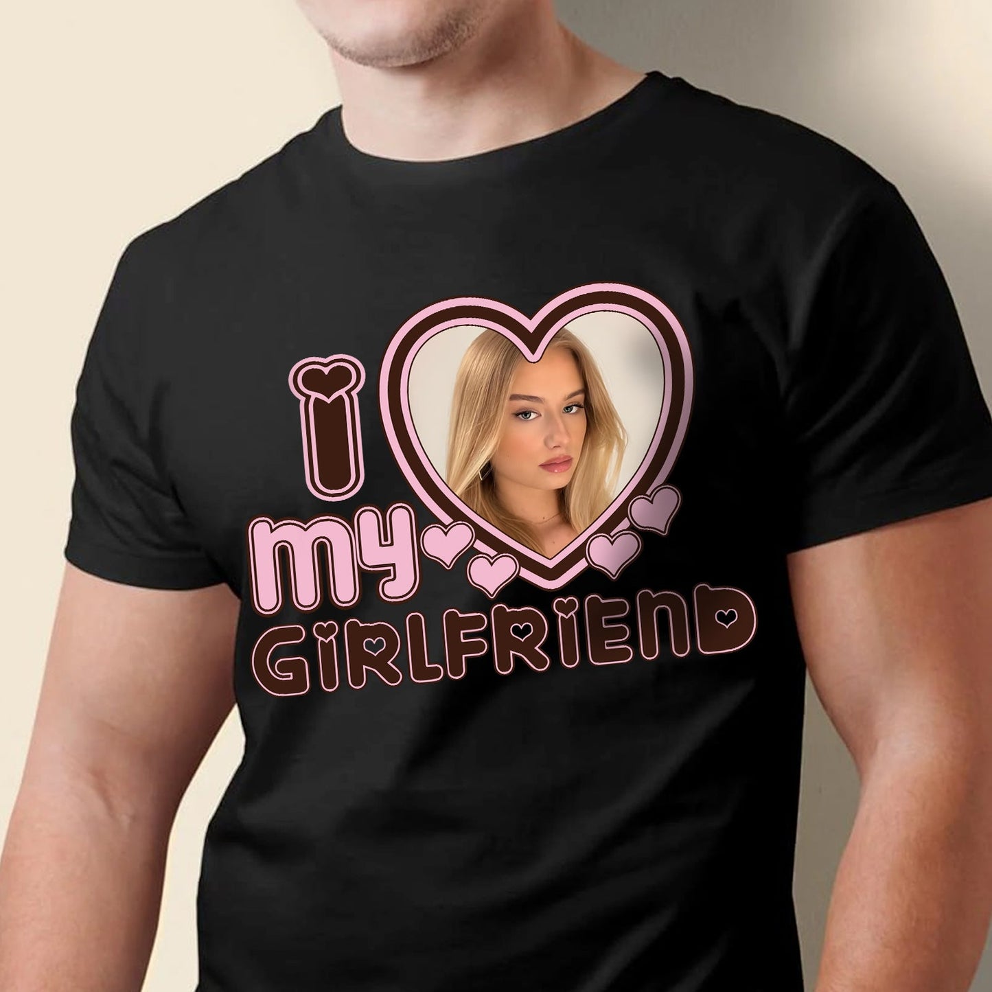 Black custom I love my boyfriend shirt with pink heart design and photo frame on chest