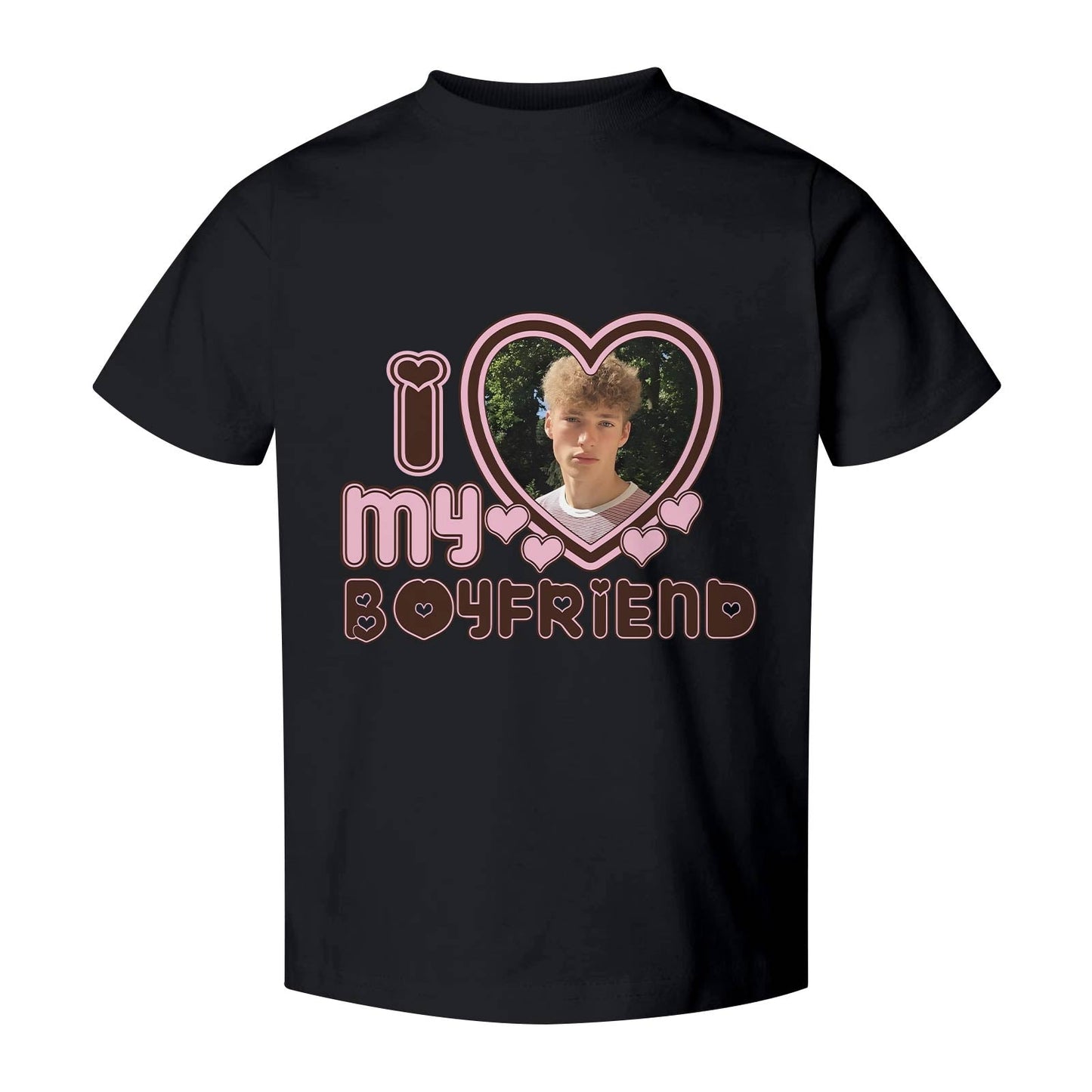 Black custom I love my boyfriend shirt with pink heart design and personalized photo