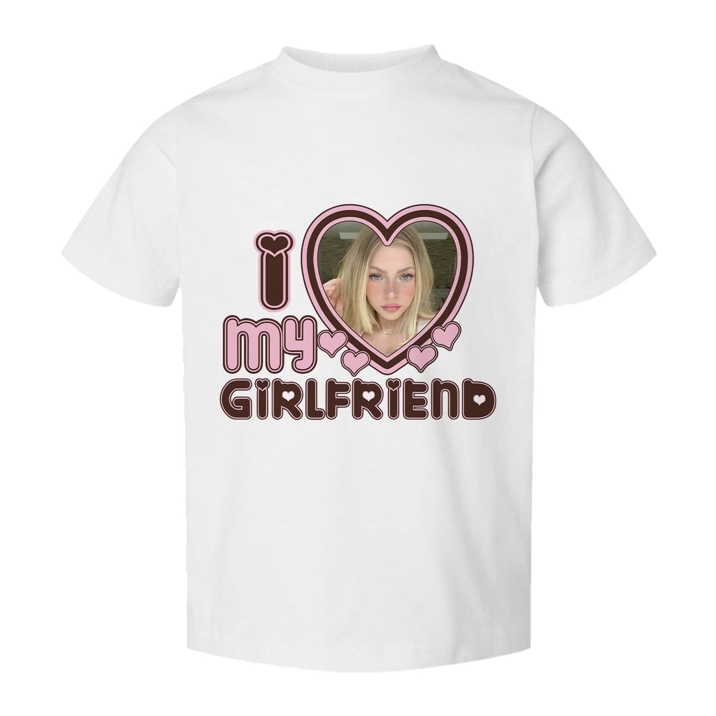 White custom I love my boyfriend shirt with pink and brown I love my girlfriend design and a photo heart
