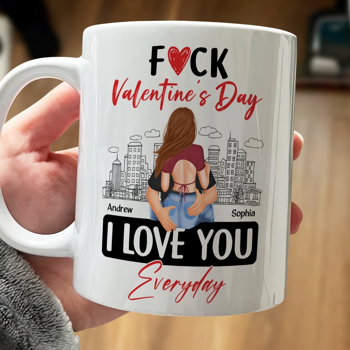Custom I love you mug for couples with Valentine’s Day message and personalized names Andrew and Sophia