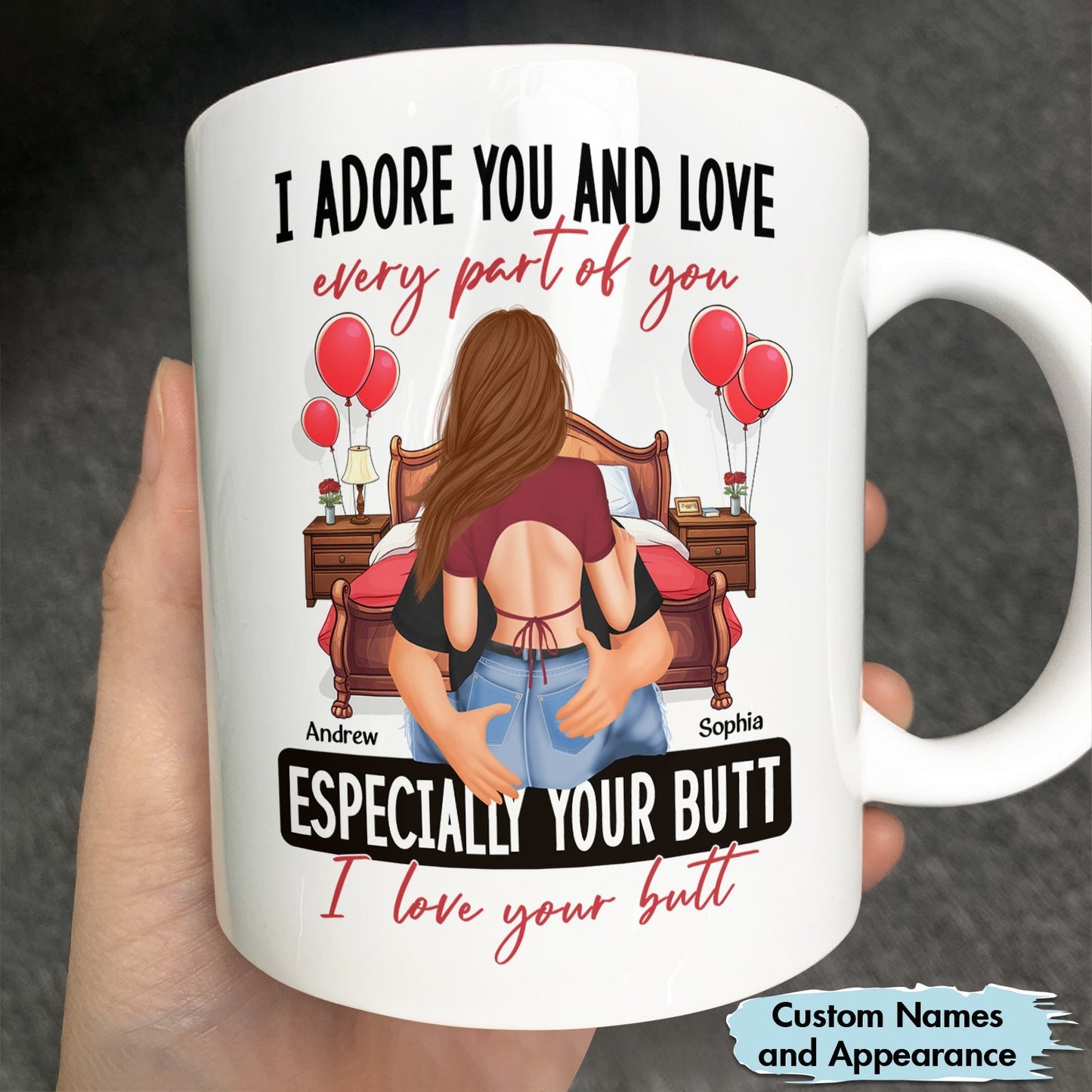 Custom I love your butt mug with romantic illustration and personalized names Andrew and Sophia