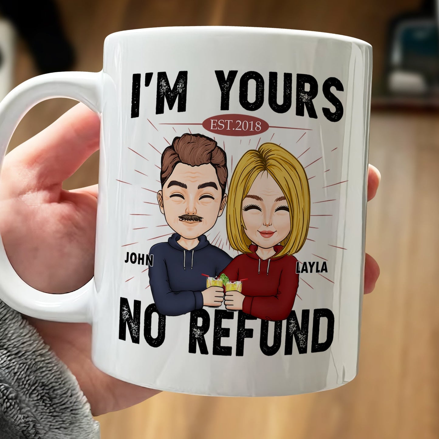 365Gifty custom I'm Yours no refund mug with cartoon couple holding drinks and personalized names