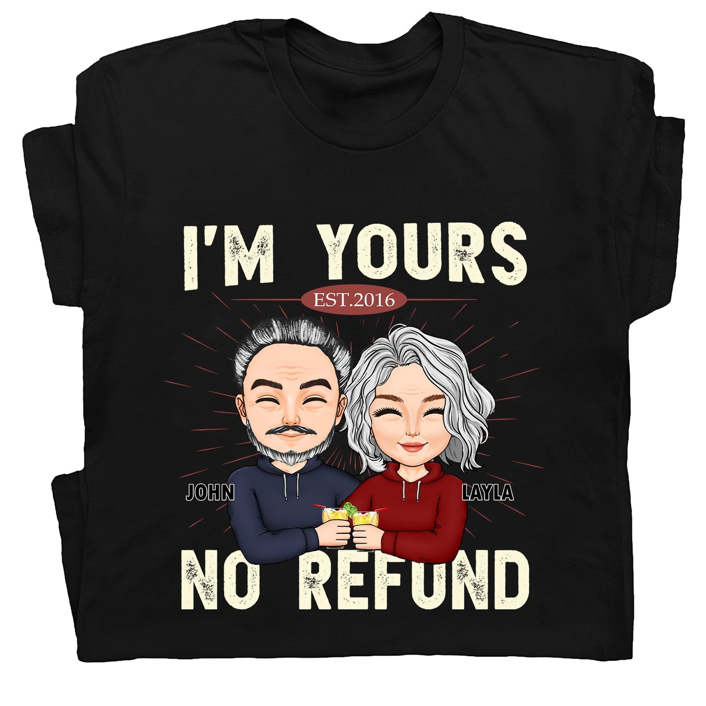 Black custom I'm Yours No Refund shirt with cartoon couple illustration and personalized names John and Layla