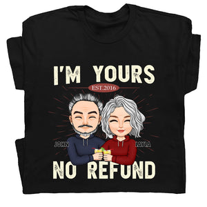Black custom I'm Yours No Refund shirt with cartoon couple illustration and personalized names John and Layla