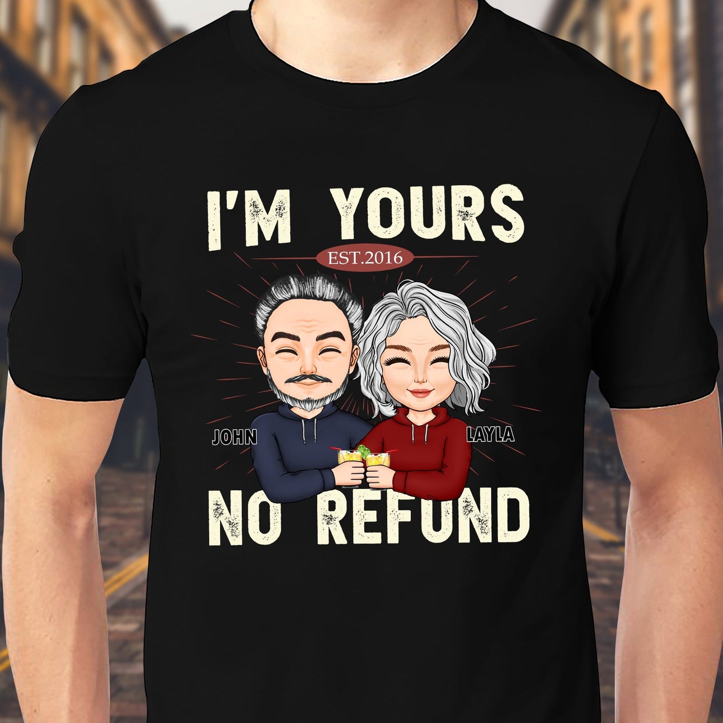 Black custom I'm Yours No Refund shirt featuring cartoon couple with names John and Layla