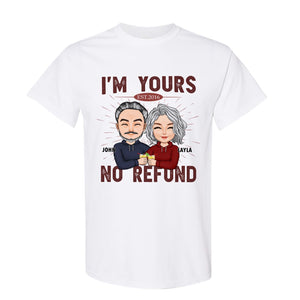 White custom I'm Yours No Refund shirt with cartoon couple graphic and personalized names