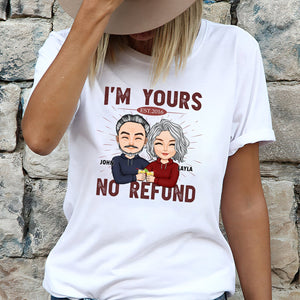 White custom I'm Yours No Refund shirt with cartoon couple illustration and personalized names