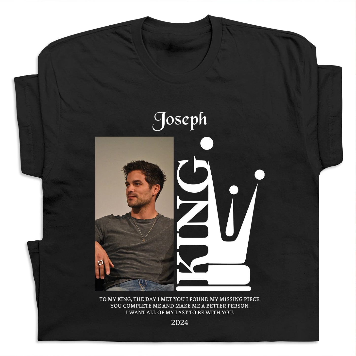 Black custom king and queen t shirts with personalized name Joseph and king crown design by 365Gifty