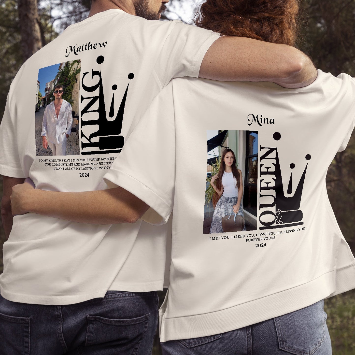 Couple wearing 365Gifty custom king and queen t shirts with personalized photos and names on back