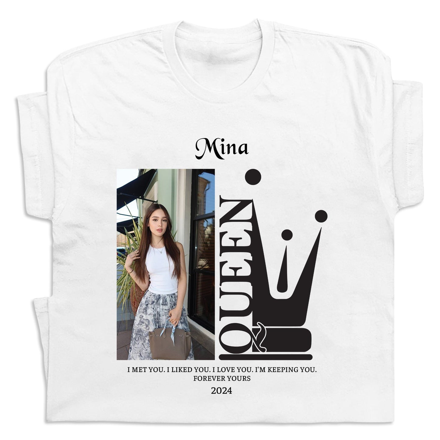 White custom king and queen t shirts featuring a personalized photo and queen crown design