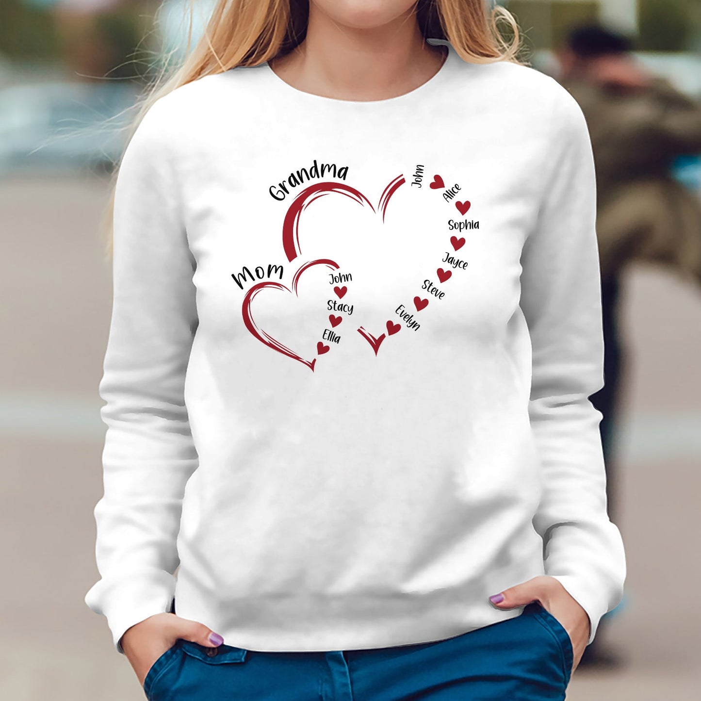 White custom light of my life shirt with heart designs and personalized family names printed on front