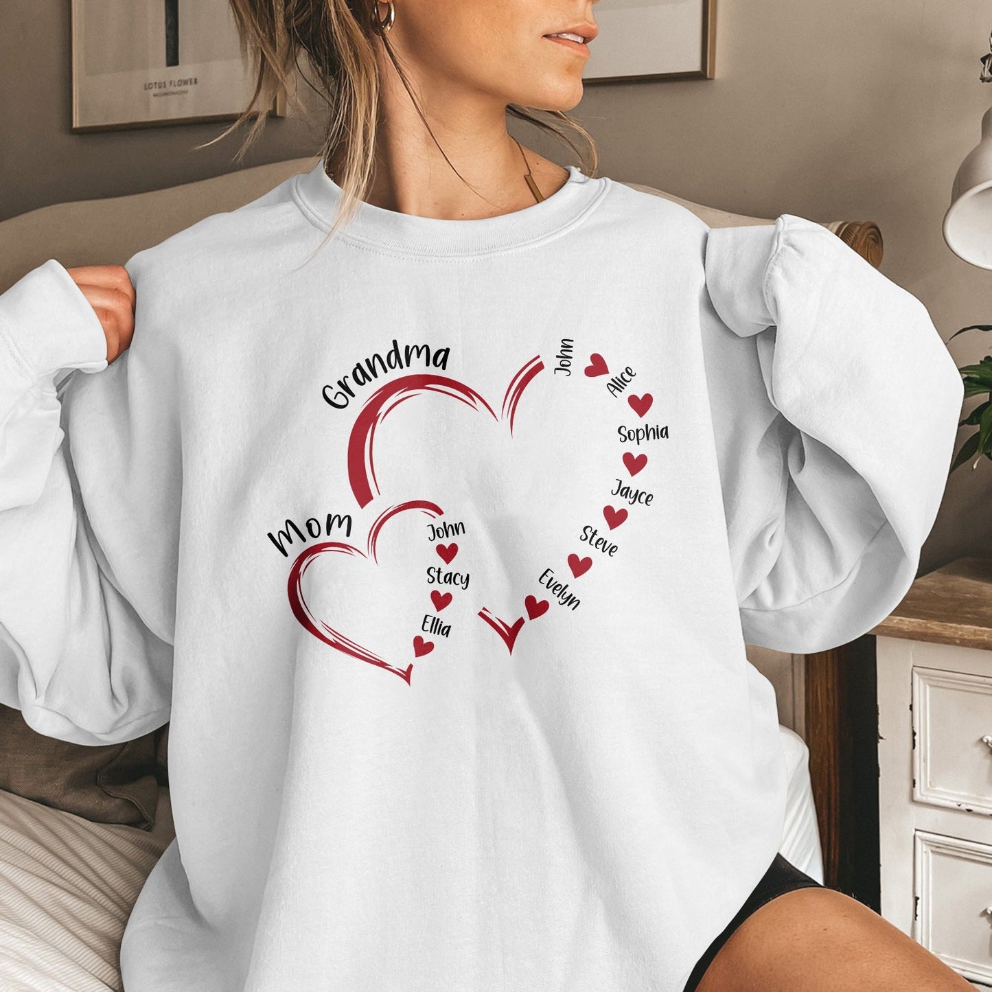 Custom light of my life shirt with personalized names inside red heart designs on white sweatshirt