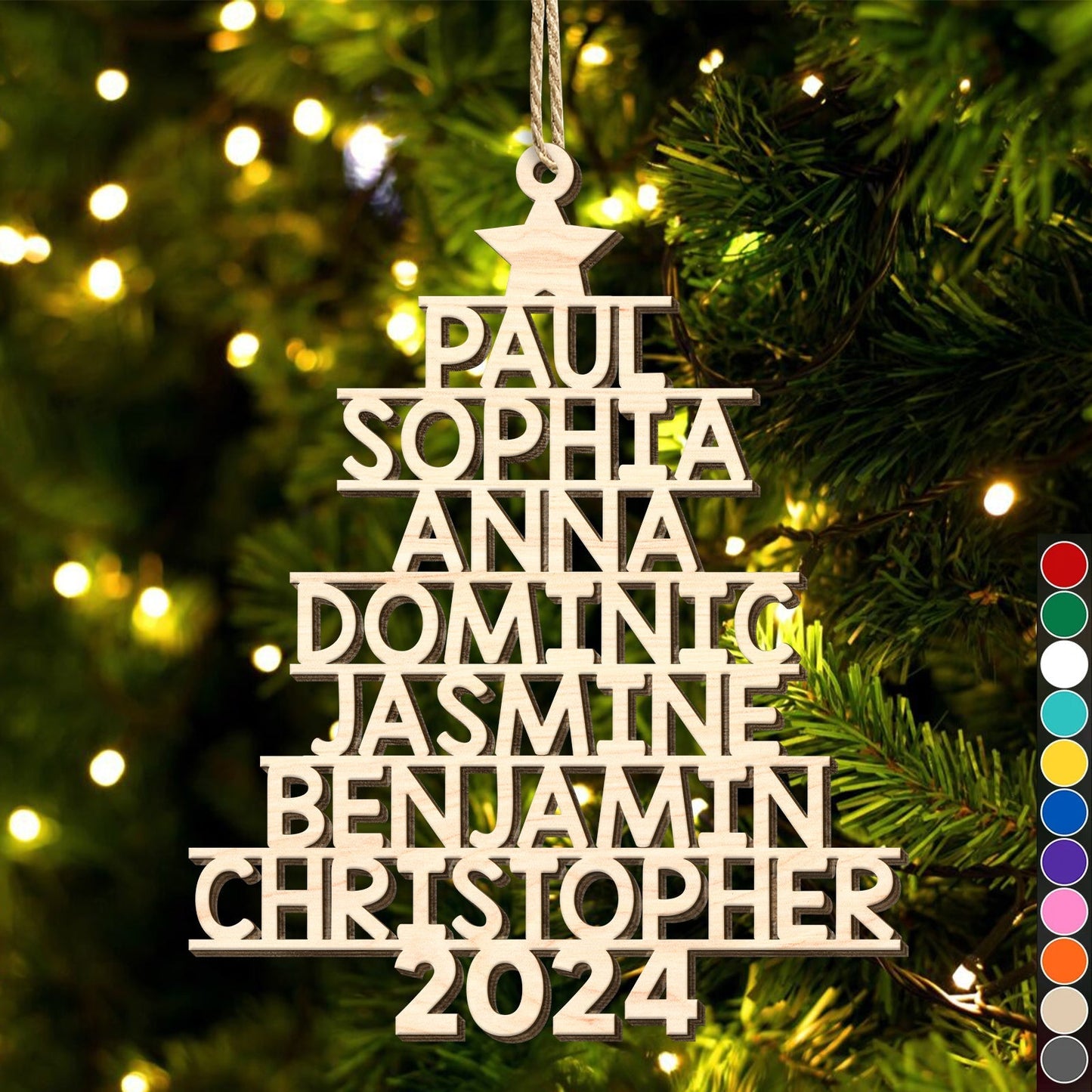 365Gifty personalized Christmas tree ornament with multiple names and 2024 year in wooden design