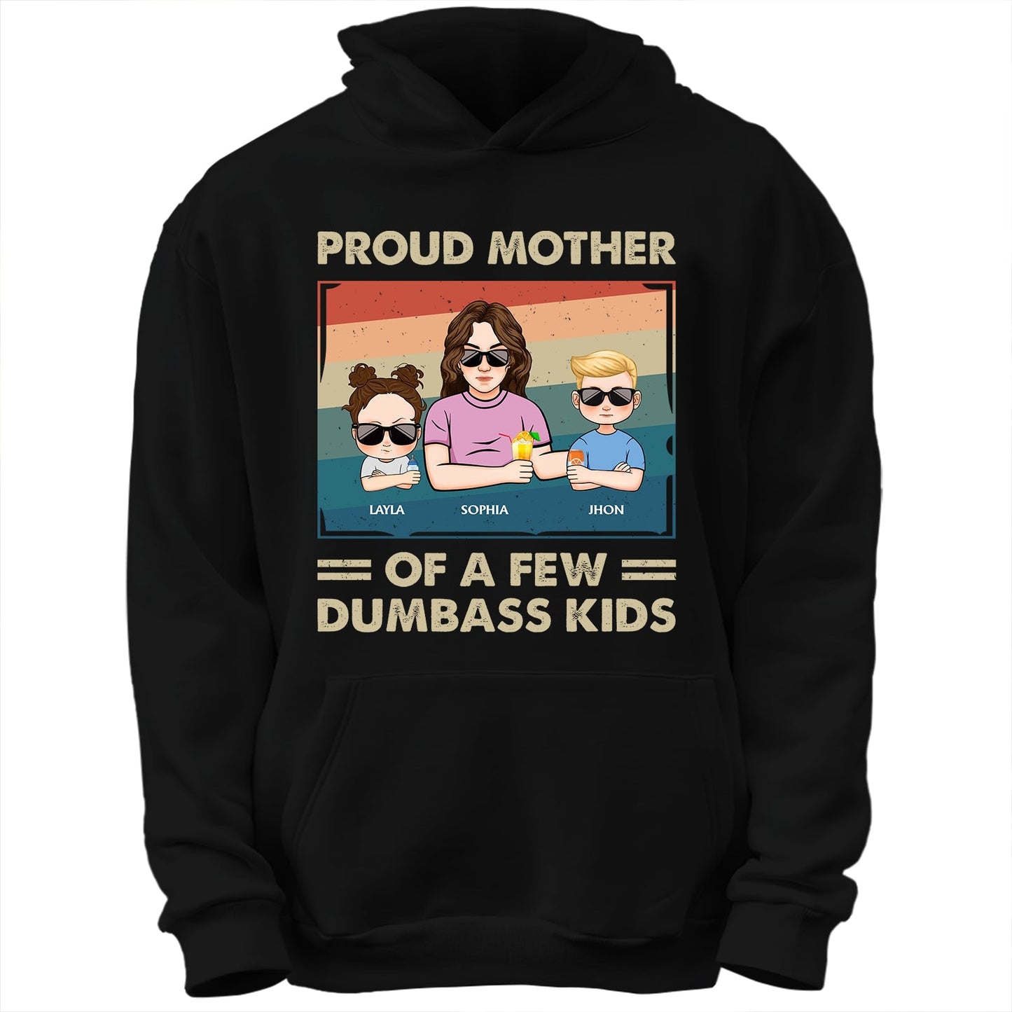365Gifty black hoodie custom mother gift shirt with proud mother cartoon and kids names
