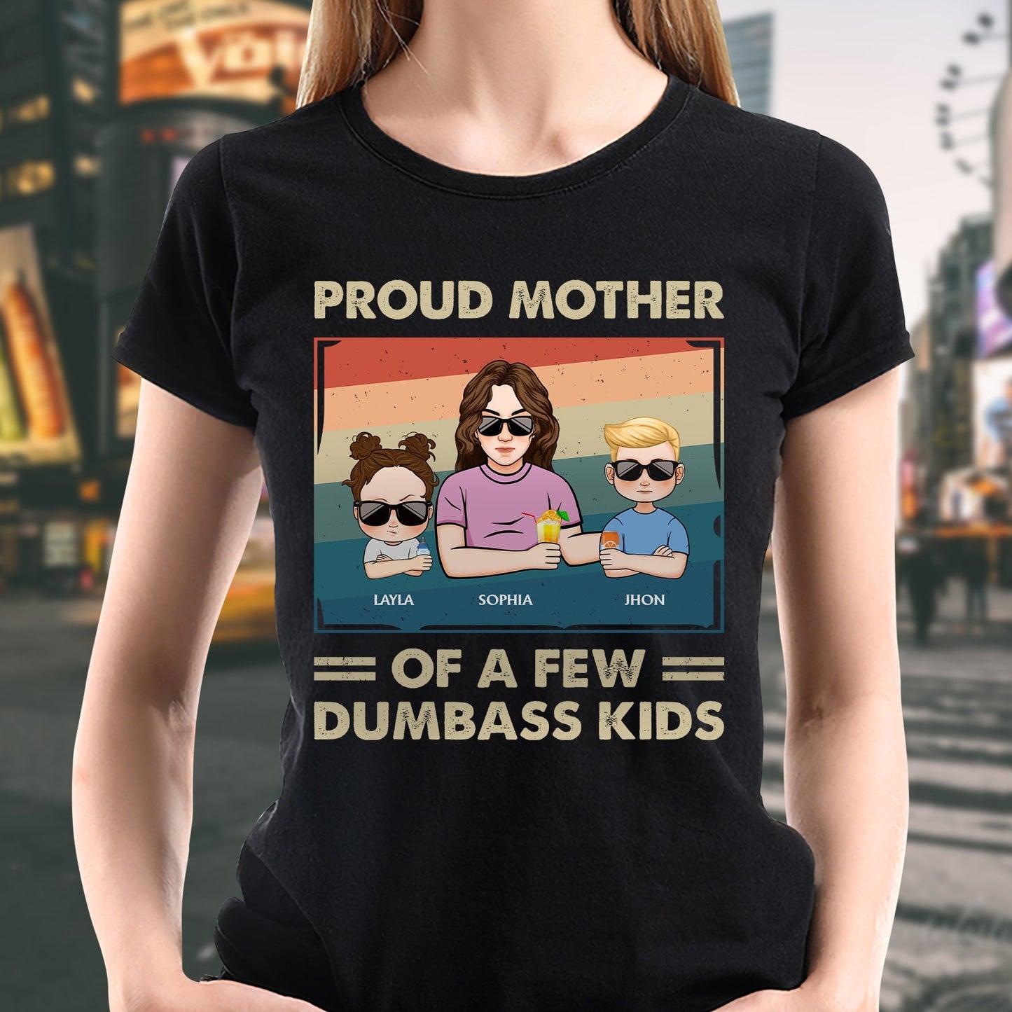 Black custom mother gift shirt with cartoon family design and proud mother text