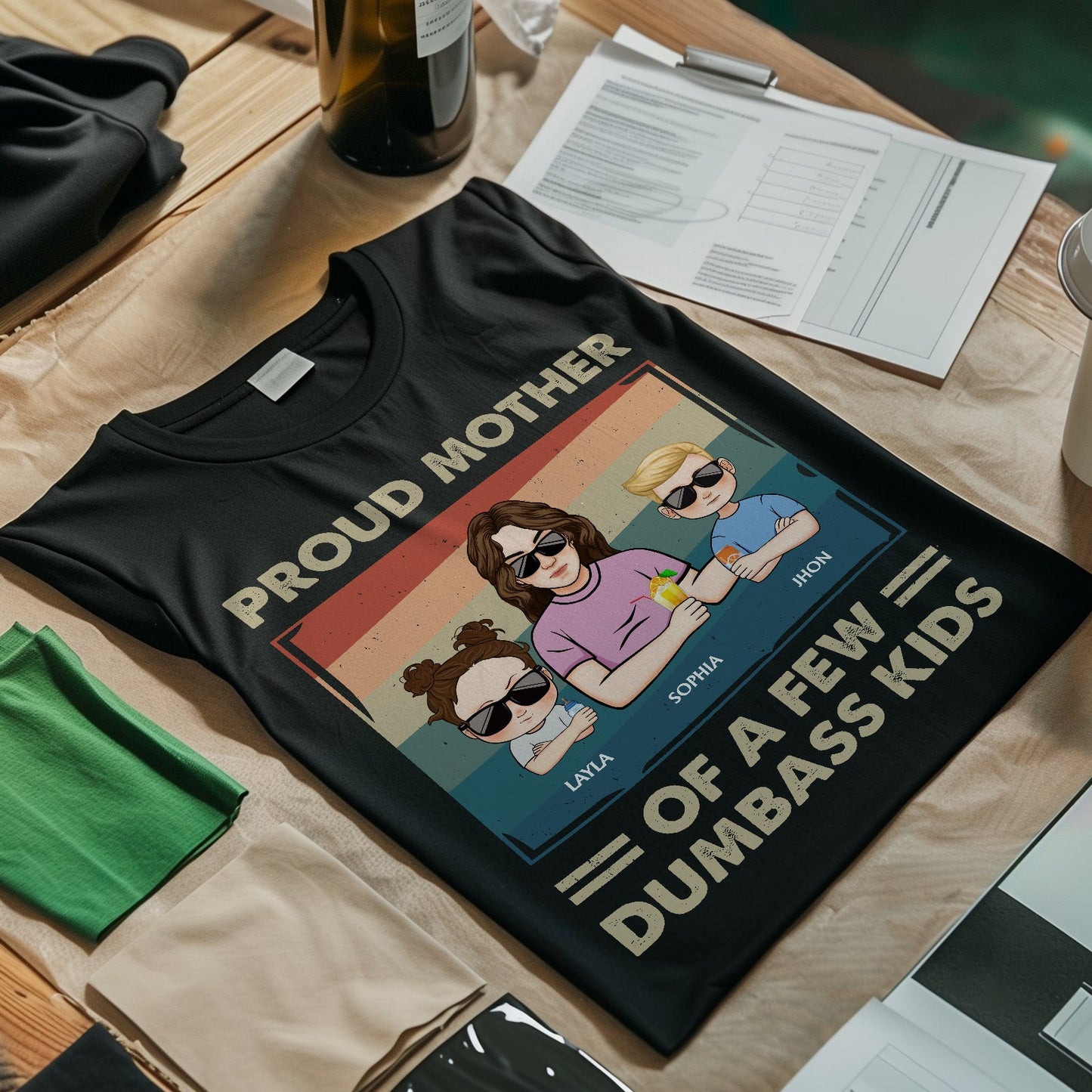 Black custom mother gift shirt with cartoon kids and proud mother text laid on wooden table