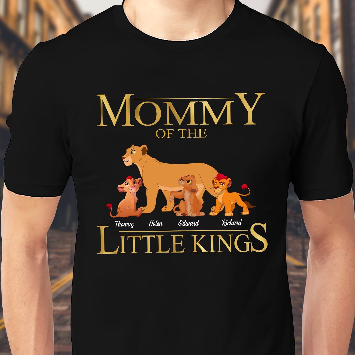 Black custom mother of little kings shirt with cartoon lioness and four lion cubs design