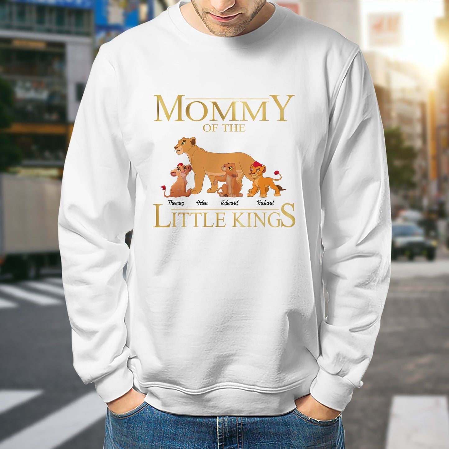 White custom mother of little kings shirt with lion family graphic and personalized names