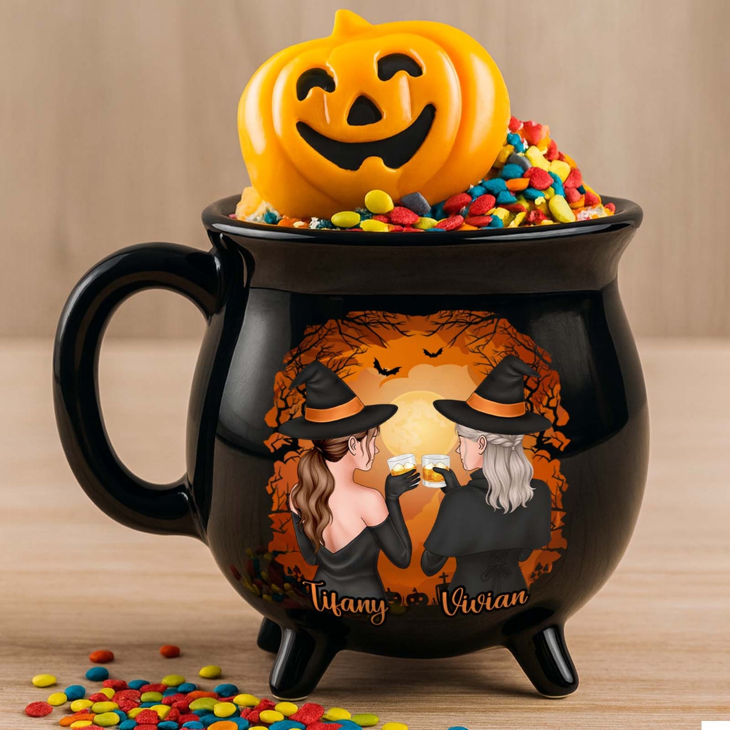 personalized Halloween mug for friends black cauldron mug with two witches clinking cups pumpkin candy topper