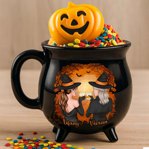 personalized Halloween mug for friends black cauldron mug with two witches clinking cups pumpkin candy topper