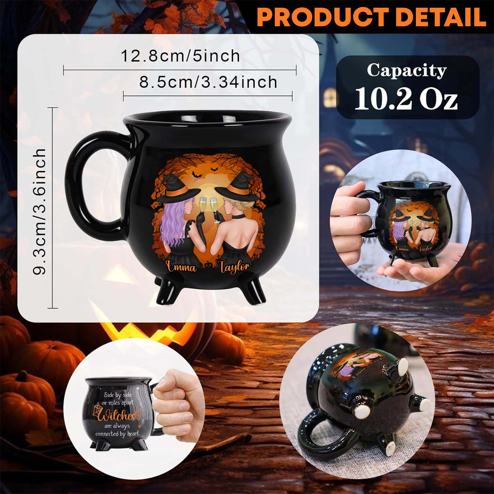Rustic round Halloween hanging sign with skeleton family and names on wood grain personalized Halloween mug for friends