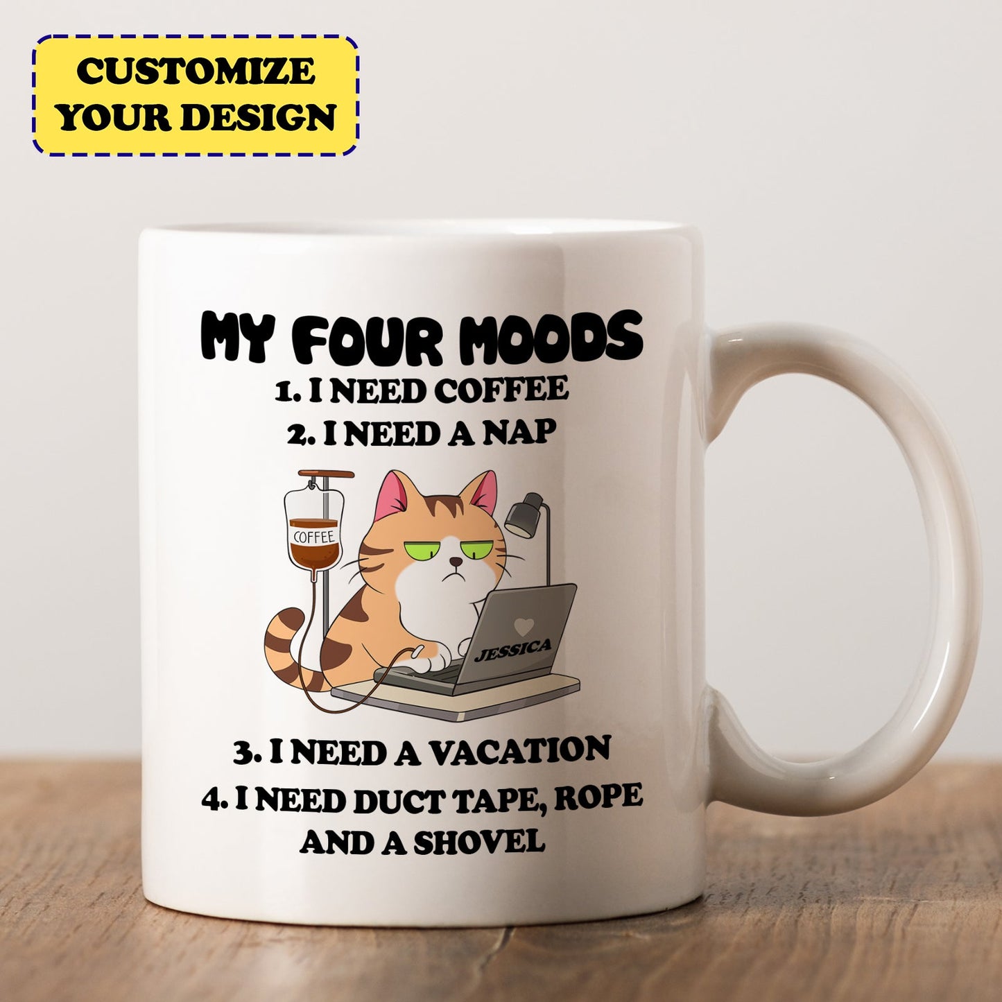 365Gifty white ceramic mug with funny cat illustration and My Four Moods text quirky coffee mugs for coworkers