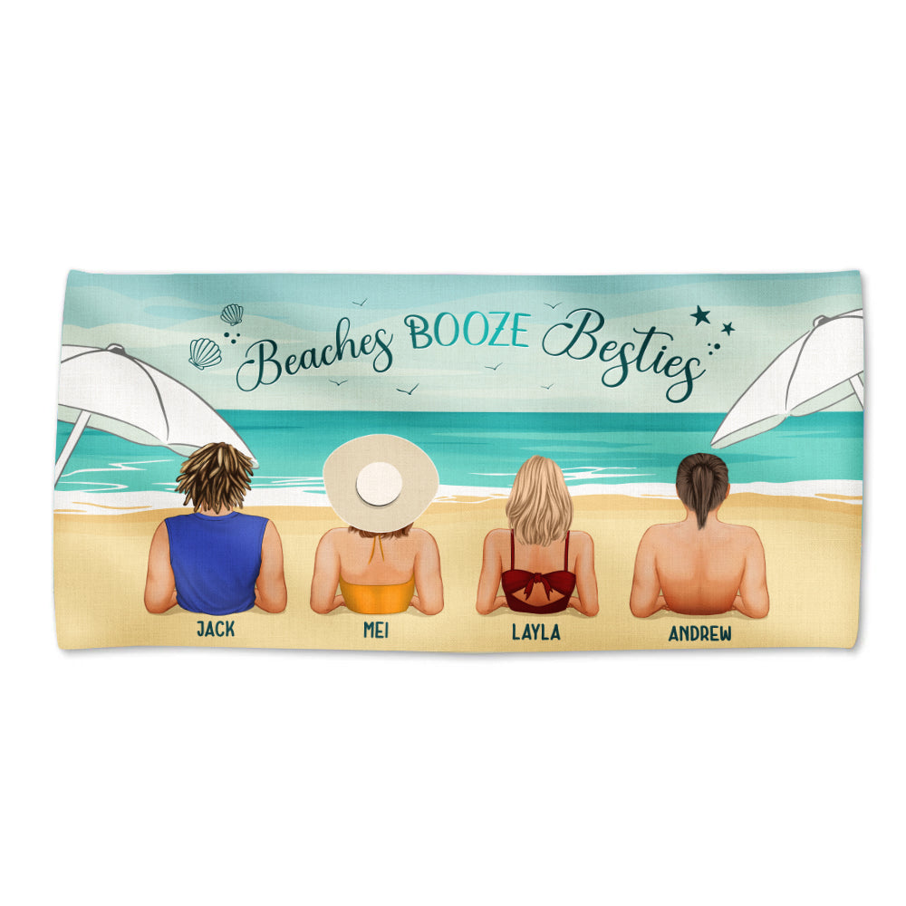 Personalized Beach Towel Beaches BOOZE Besties showing four friends on sand facing ocean under umbrellas with names