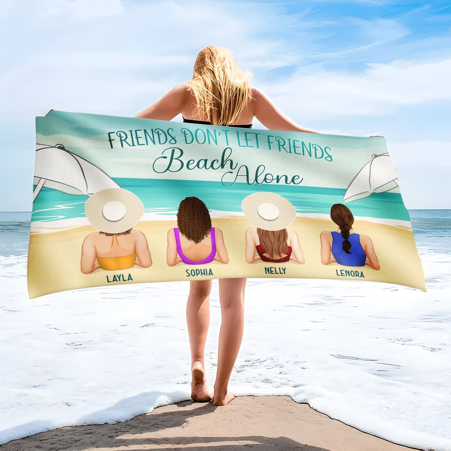 Personalized Beach Towel showing woman holding towel with four illustrated friends and names on a sunny beach