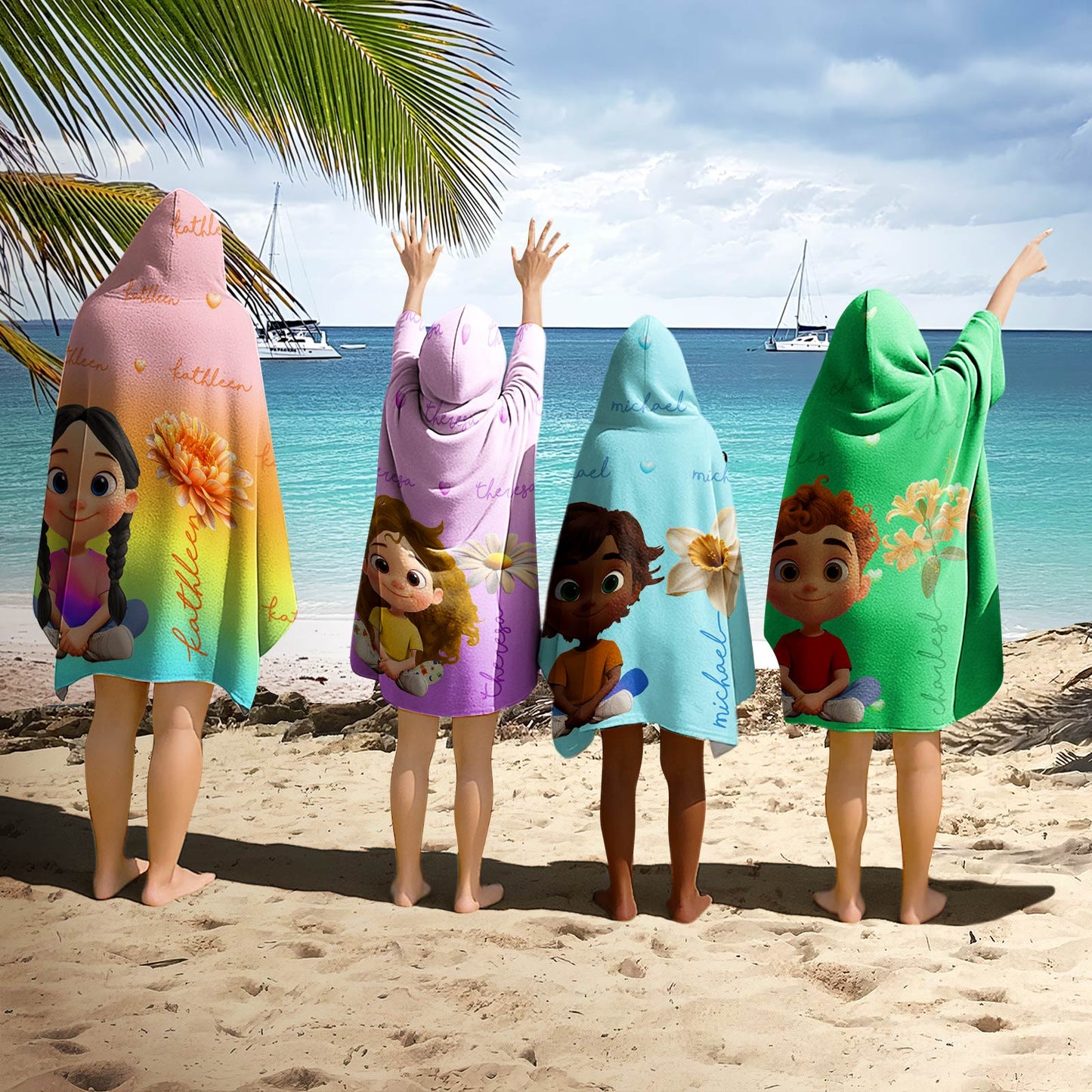 Personalized Beach Towel hooded kids towels with colorful cartoon characters on four children at beach