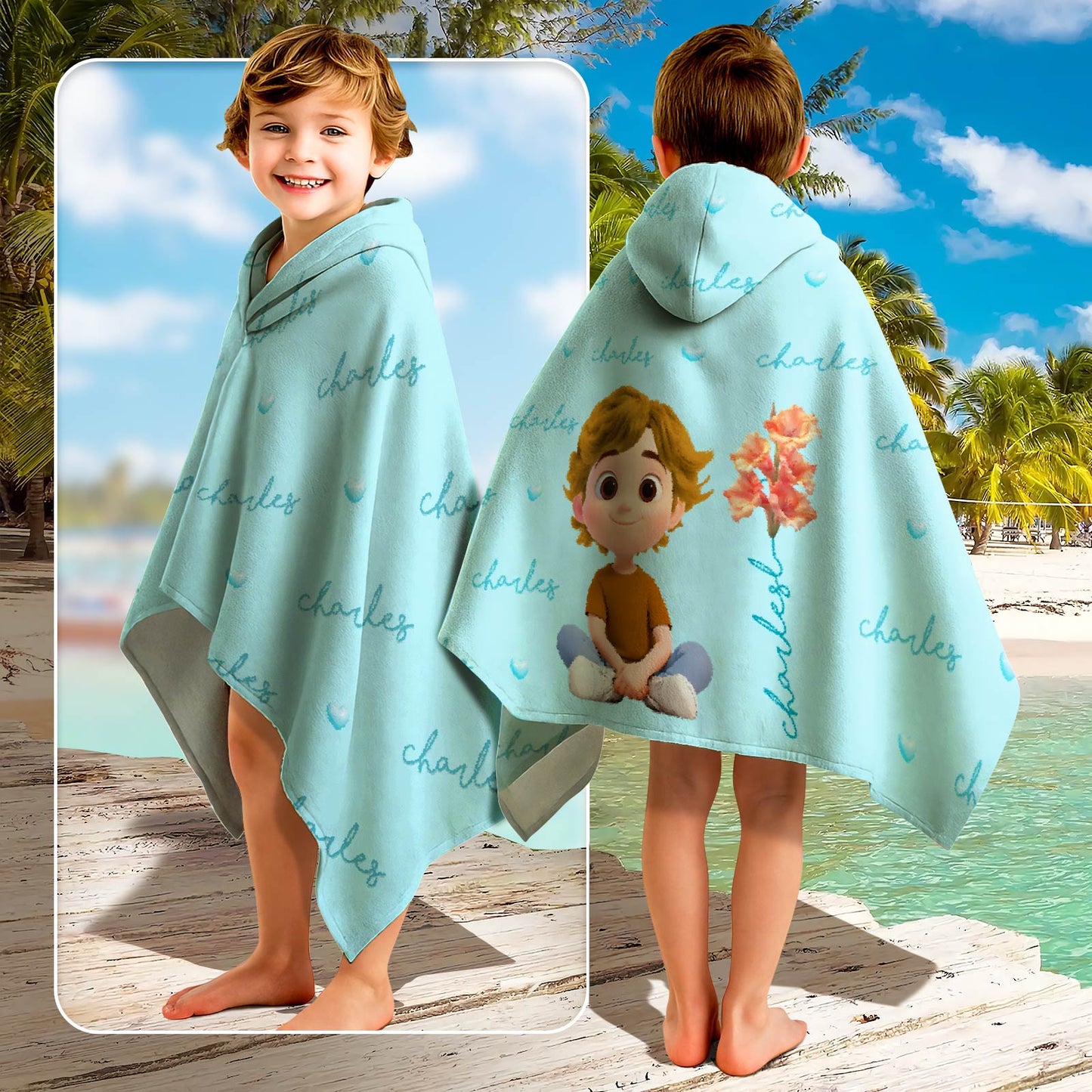 Personalized Beach Towel hooded light blue kids towel with repeated name script and cartoon boy design at beach